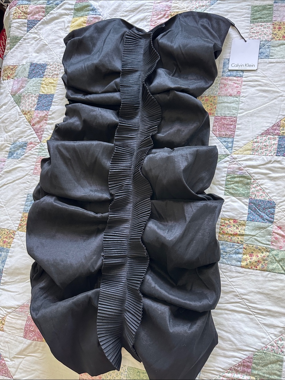 L—Calvin Klein Black Strapless  Dress with Central Pleated Ruffle